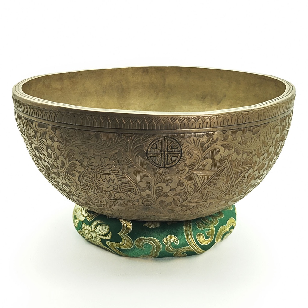 [SGP-049] KASA Jhumka Fullmoon Hand-Carving Hammered Singing Bowl "8 Auspicious Symbols" - F#3 (26 cm, 2.4 kg)
