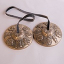 [TSH-029] Bronze Tingsha "Eight Auspicious Symbols" (Karatals) (7.5 cm, 300 gr) (+ case)
