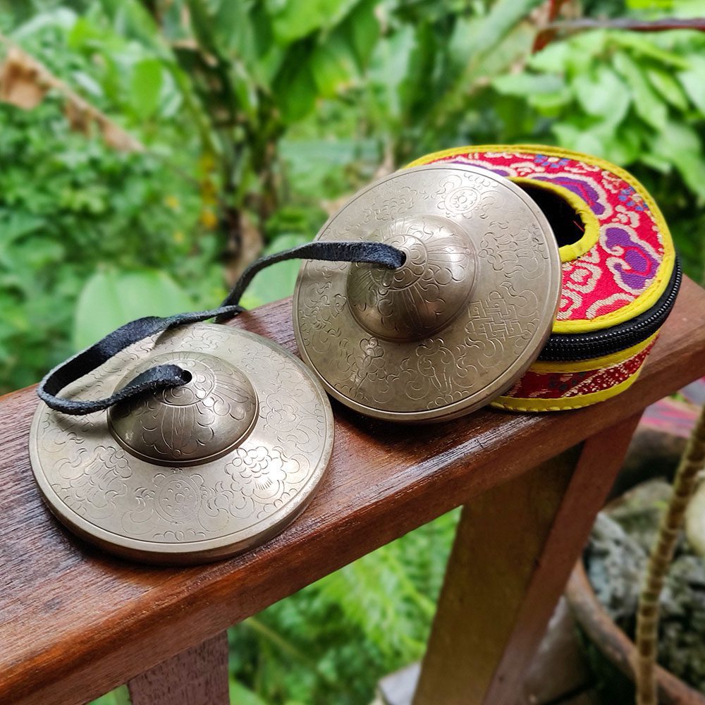 [TSH-031] Bronze Tingsha "Carving Flowers" (Karatals) (8.6 cm, 600 gr) (+ case)