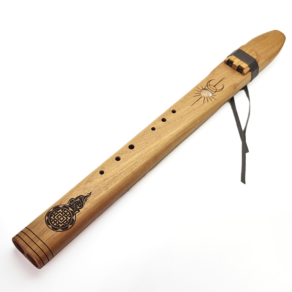 [FLT-070] Premium Drone Double Flute Teakwood Moon Stone "Flame Symbol" - Dm (66 cm) (+ case)