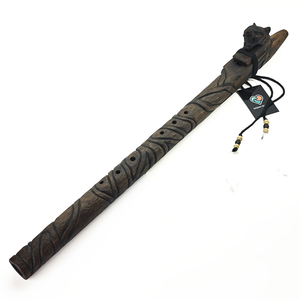 [FLT-158] JUANG FLUTES Single Carved Flute "Jaguar" - D4 Minor (432 Hz, 65 cm, Teakwood) (+ pouch)