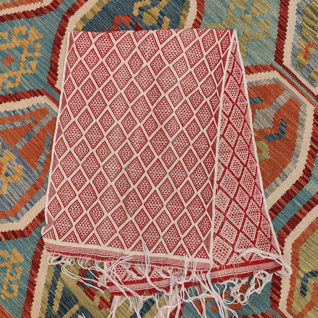 [ALT-058] Ceremonial Handmade Cotton Altar Cloth Red White (125x44cm)