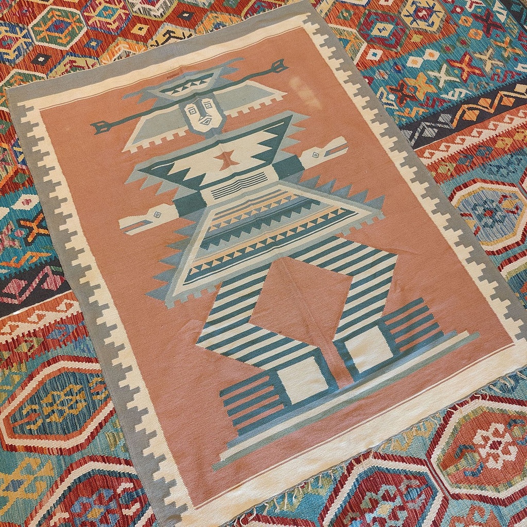[SHB-025] Shamanic Mexican Handmade Wool Blanket  Pink Blue (190x152cm)